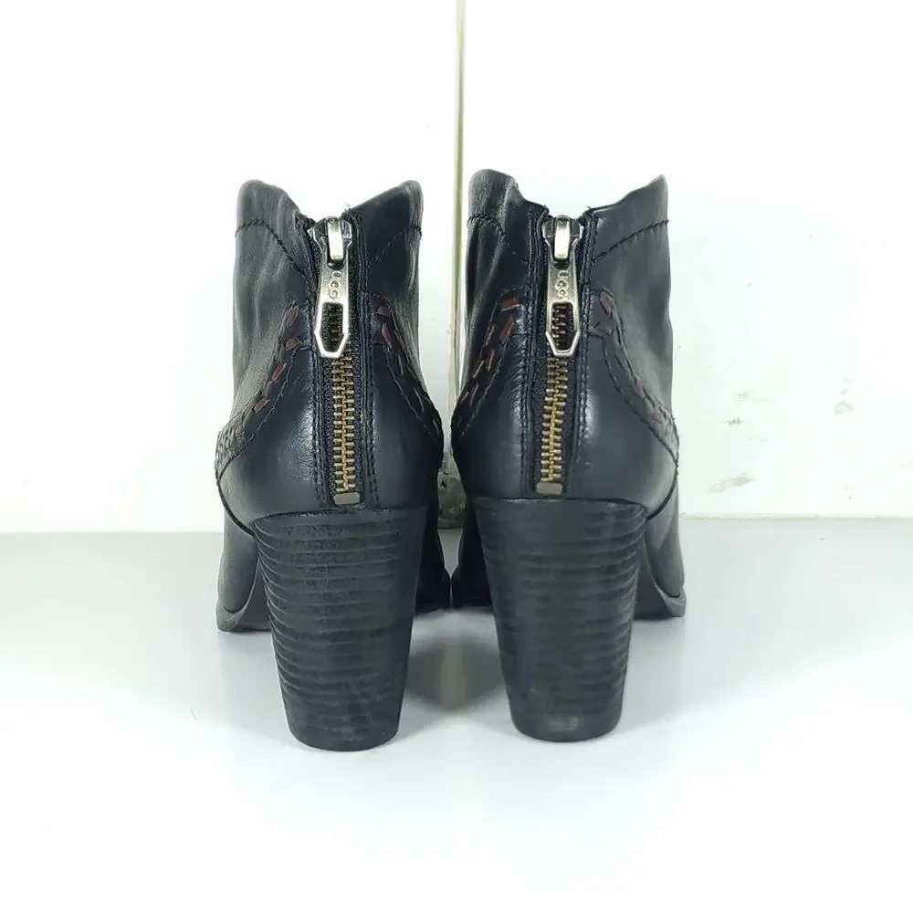 UGG Women's Charlotte US8 Black Leather Wool Lined Heeled Ankle Booties Boots